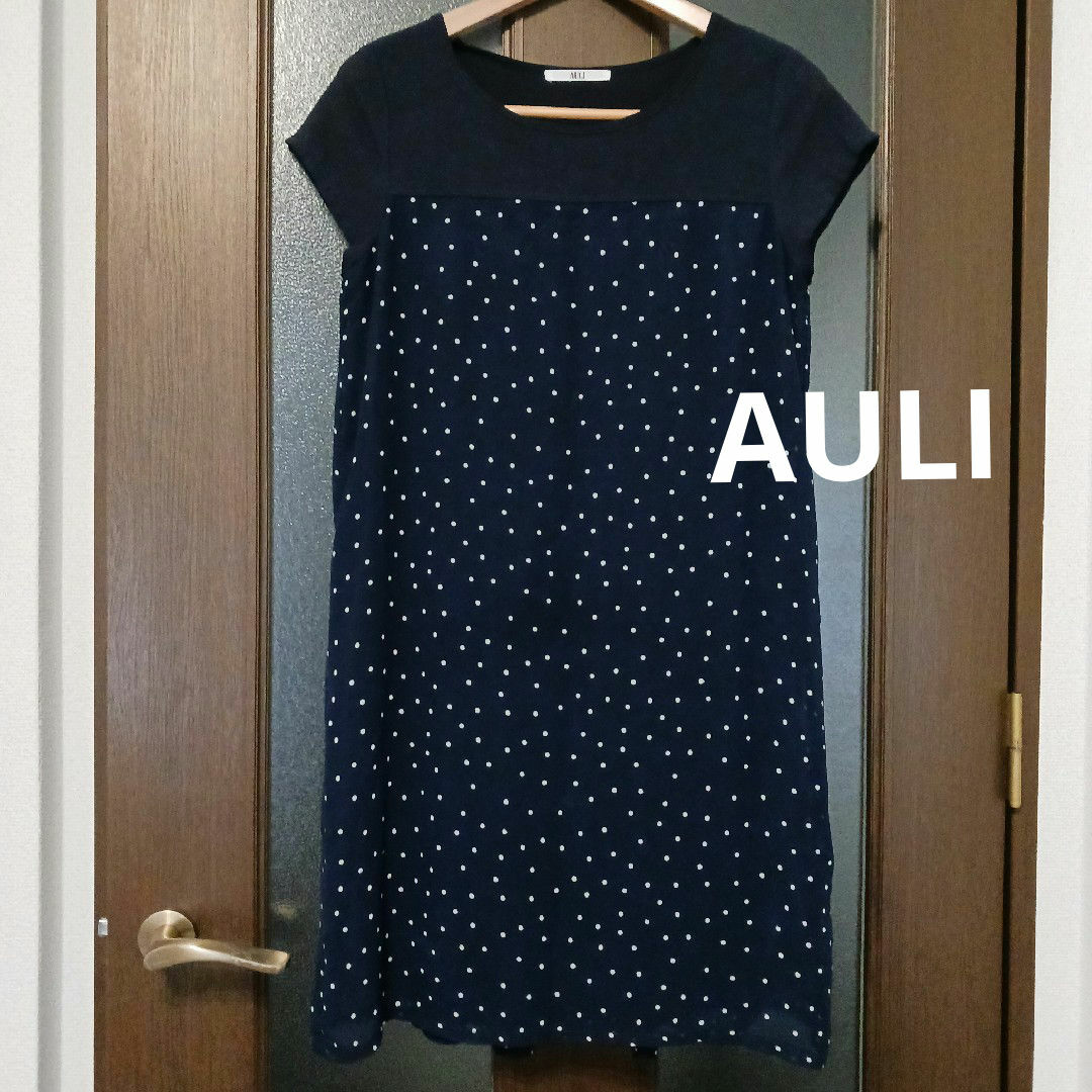 AULI(アウリィ)のAULI　シフォンワンピース　ネイビー　ドット　フリーサイズ 半袖 レディースのワンピース(ひざ丈ワンピース)の商品写真