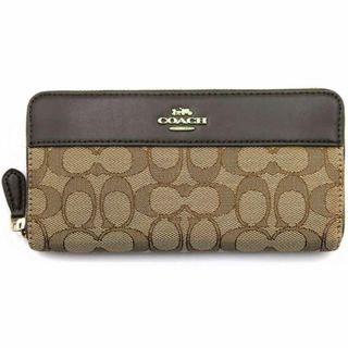 コーチ(COACH)の美品 コーチ 財布 COACH シグネチャー アコーディオン ジップ ロングウォレット カーキxブラウン F76638-IMC7C OJ10398(財布)