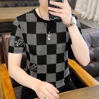 【ＸＬ】 メンズ　Ｔシャツ　半袖　紳士　男性　ＸＬ　モノクロ　チェック　黒　ロゴ(Tシャツ/カットソー(半袖/袖なし))