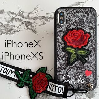 iPhoneX/iPhoneXS専用 ケースカバー ローズ刺繍ブラック(iPhoneケース)