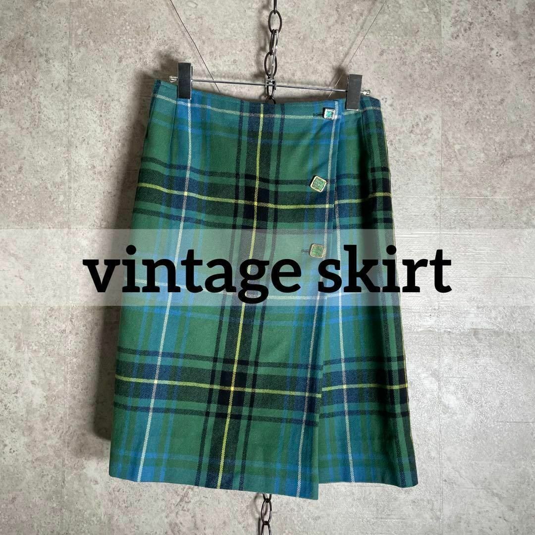 VINTAGE(ヴィンテージ)のヴィンテージ 巻きスカート風 チェックスカート グリーン ボタン レトロ レディースのスカート(ひざ丈スカート)の商品写真