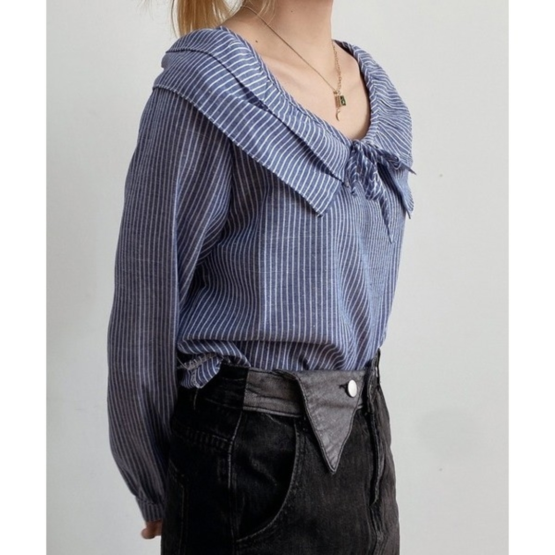 【即日対応】XL ブルー ストライプシャツ 襟フリル ブラウス レディースのトップス(シャツ/ブラウス(長袖/七分))の商品写真