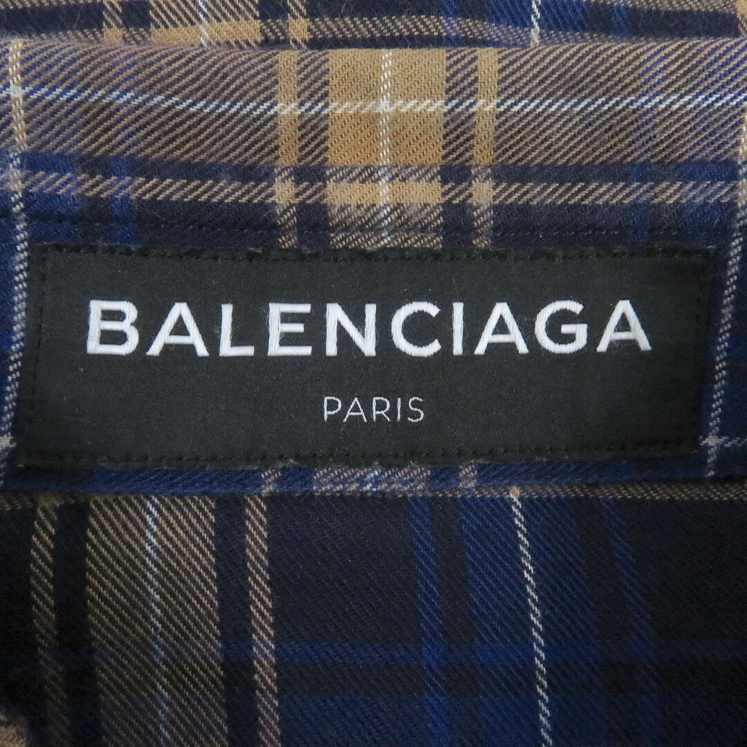 Balenciaga(バレンシアガ)の極美品□BALENCIAGA バレンシアガ 2018年製 508465 コットン100％ マドラスチェック バックロゴプリント オーバーサイズ ネルシャツ 長袖シャツ ブルー系 37 正規品 メンズ メンズのトップス(シャツ)の商品写真