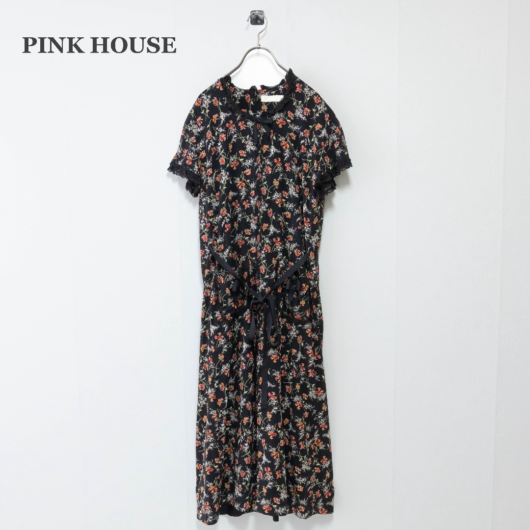 PINK HOUSE(ピンクハウス)の【PINK HOUSE】ロングワンピース　花柄　フリル　レース　ブラック レディースのワンピース(ロングワンピース/マキシワンピース)の商品写真