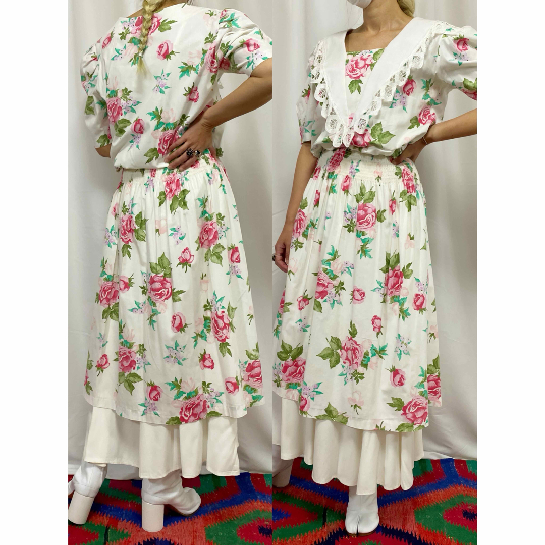 古着 ビンテージ 70s コットン ワンピース ドレス フラワー 花柄 総柄 レディースのワンピース(ロングワンピース/マキシワンピース)の商品写真