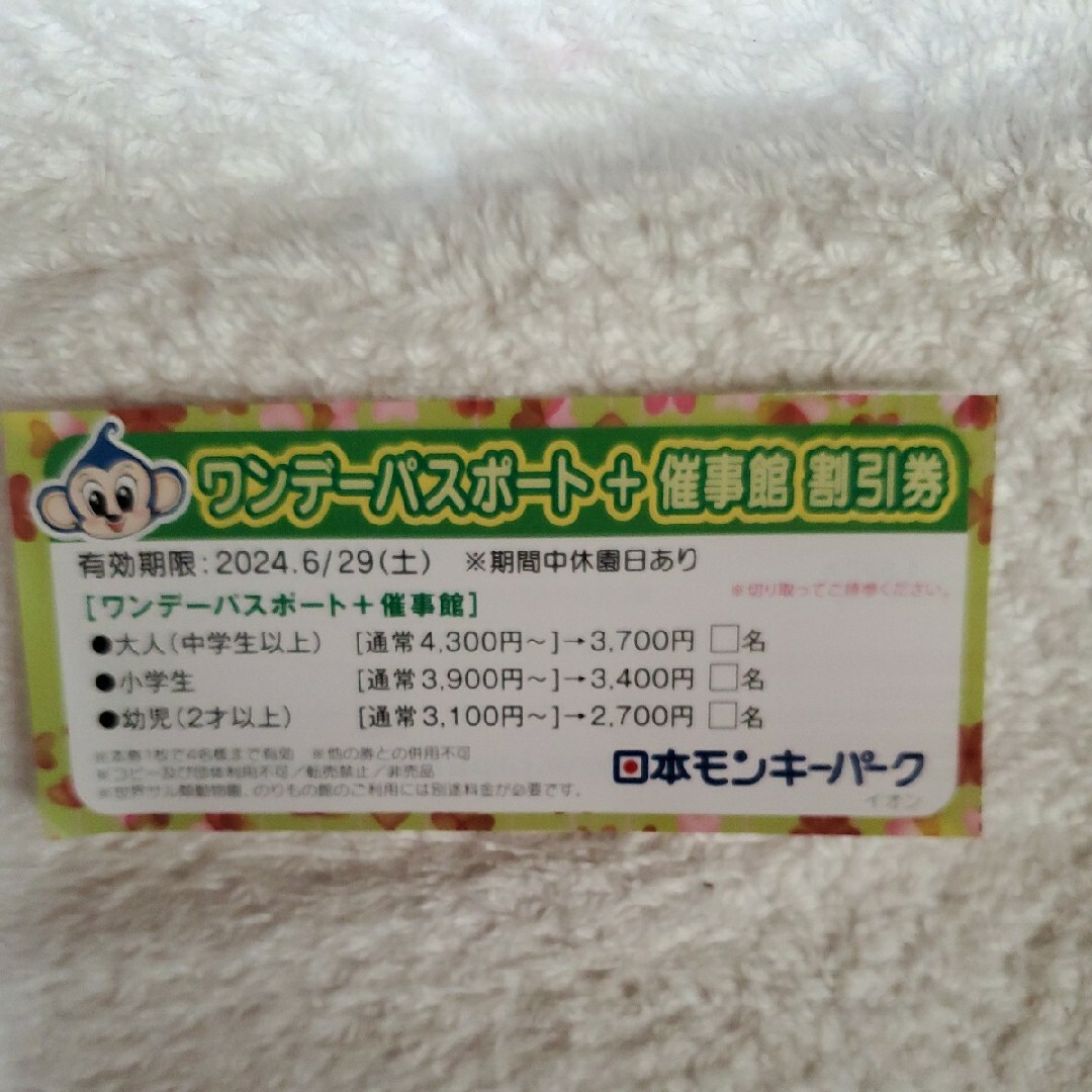 日本モンキーパーク　幼児1名無料券 2枚迄+ワンデーパスポート割引券2枚　有効期 チケットの施設利用券(遊園地/テーマパーク)の商品写真