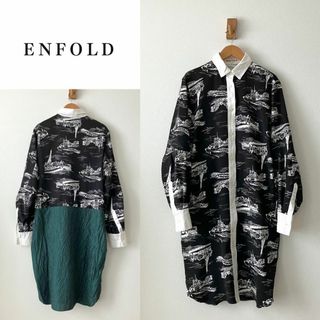 エンフォルド(ENFOLD)のENFOLD 総柄ドッキングシャツワンピース 前開き 羽織りにも(ひざ丈ワンピース)