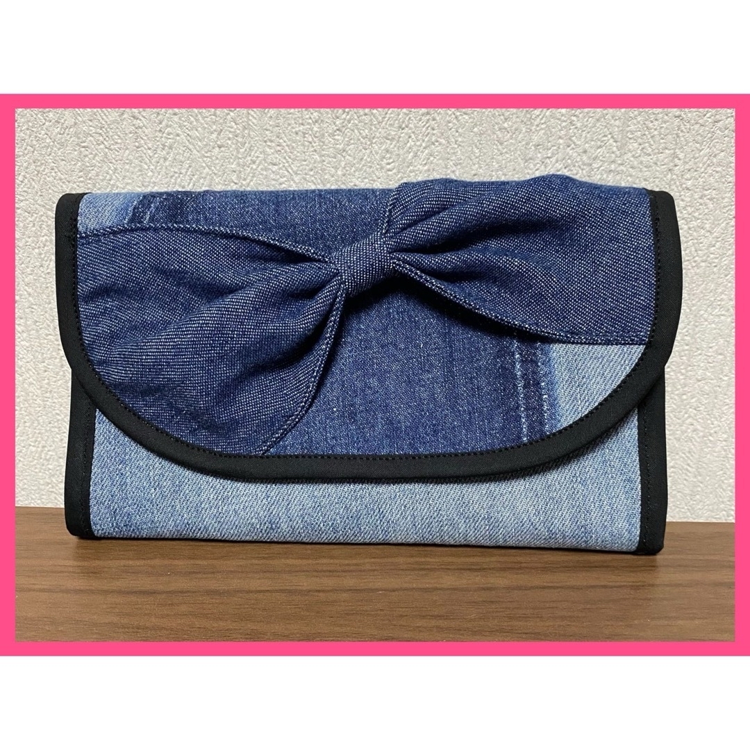 デニムリメイク⭐️リボン⭐️母子手帳ケース⭐️通帳ケース⭐️ハンドメイド ハンドメイドのファッション小物(バッグ)の商品写真