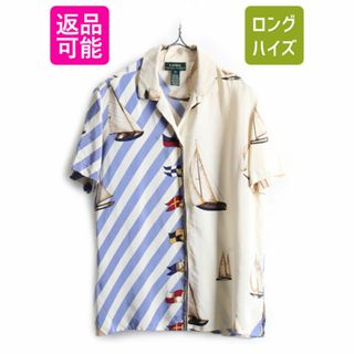 Ralph Lauren - 00s LAUREN ラルフローレン 100% シルク オープンカラー 総柄 半袖 シャツ レディース M 古着 00年代 オールド ポロ 高級 開襟 ブラウス