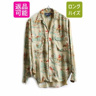 ラルフローレン(Ralph Lauren)の80s ラルフローレン 100％ レーヨン 総柄 オープンカラー 長袖 シャツ レディース M 程 80年代 ヴィンテージ  アロハ ループ留め 開襟 乗馬(シャツ/ブラウス(長袖/七分))