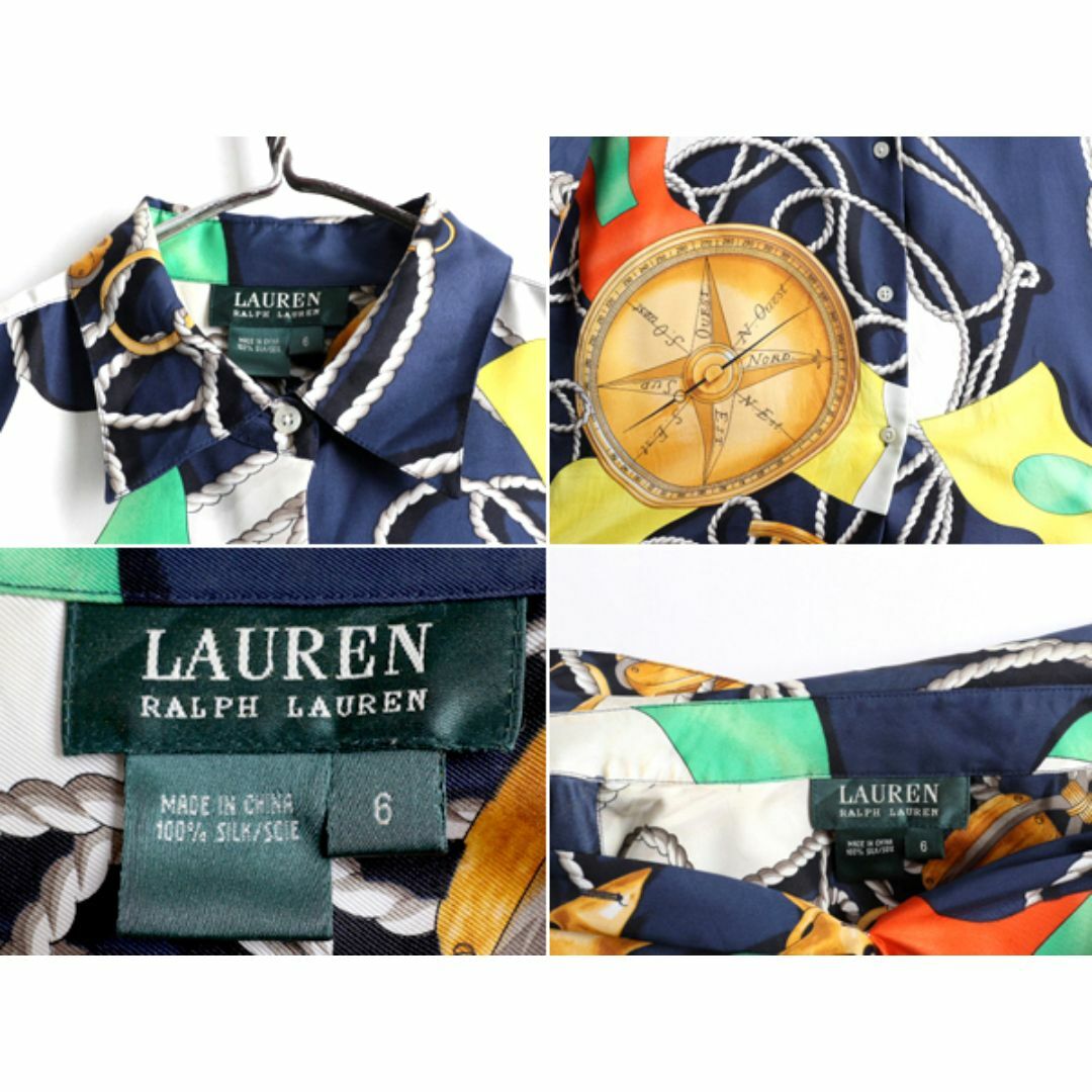 Ralph Lauren(ラルフローレン)の00s LAUREN ラルフローレン 100% シルク 総柄 長袖 シャツ レディース M 程 00年代 オールド ポロ 高級 総柄シャツ ブラウス マリン 薄手 レディースのトップス(シャツ/ブラウス(長袖/七分))の商品写真