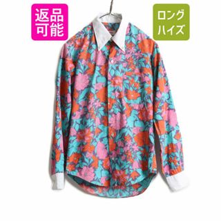 80s 長袖 クレリック ボタンダウン 総柄 シャツ レディース S / 古着 80年代 ヴィンテージ ブラウス 長袖シャツ ポケット付き マルチカラー(シャツ/ブラウス(長袖/七分))