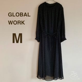 グローバルワーク(GLOBAL WORK)のグローバルワーク M ロングワンピース ドット柄 ブラック 黒 フリル リボン(ロングワンピース/マキシワンピース)