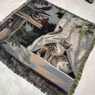 窓辺の猫　マルチカバー　ソファーカバー　ヴィンテージラグ　143x145