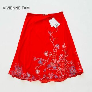 ヴィヴィアンタム(VIVIENNE TAM)の新品 VIVIENNE TAM パワーネットスカート ひざ丈 花 刺繍 赤(ひざ丈スカート)
