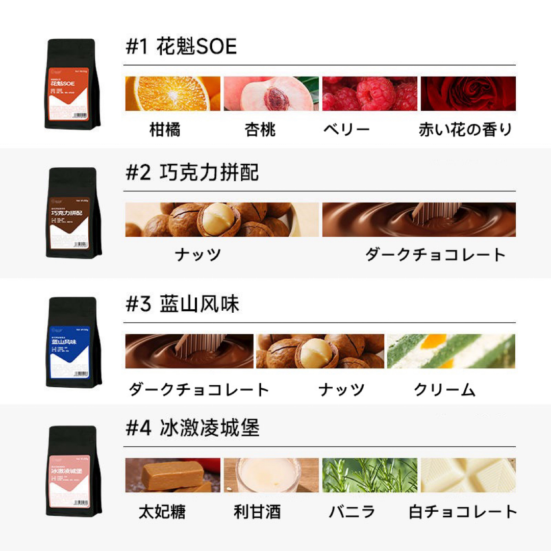 『現物発送』Mamey Life イタリアコーヒー豆、四つの風味、4点セット 食品/飲料/酒の飲料(コーヒー)の商品写真