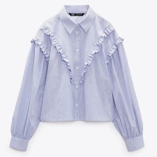 ザラ(ZARA)のZARA　フリル付きストライプ柄ポプリンシャツ(シャツ/ブラウス(長袖/七分))