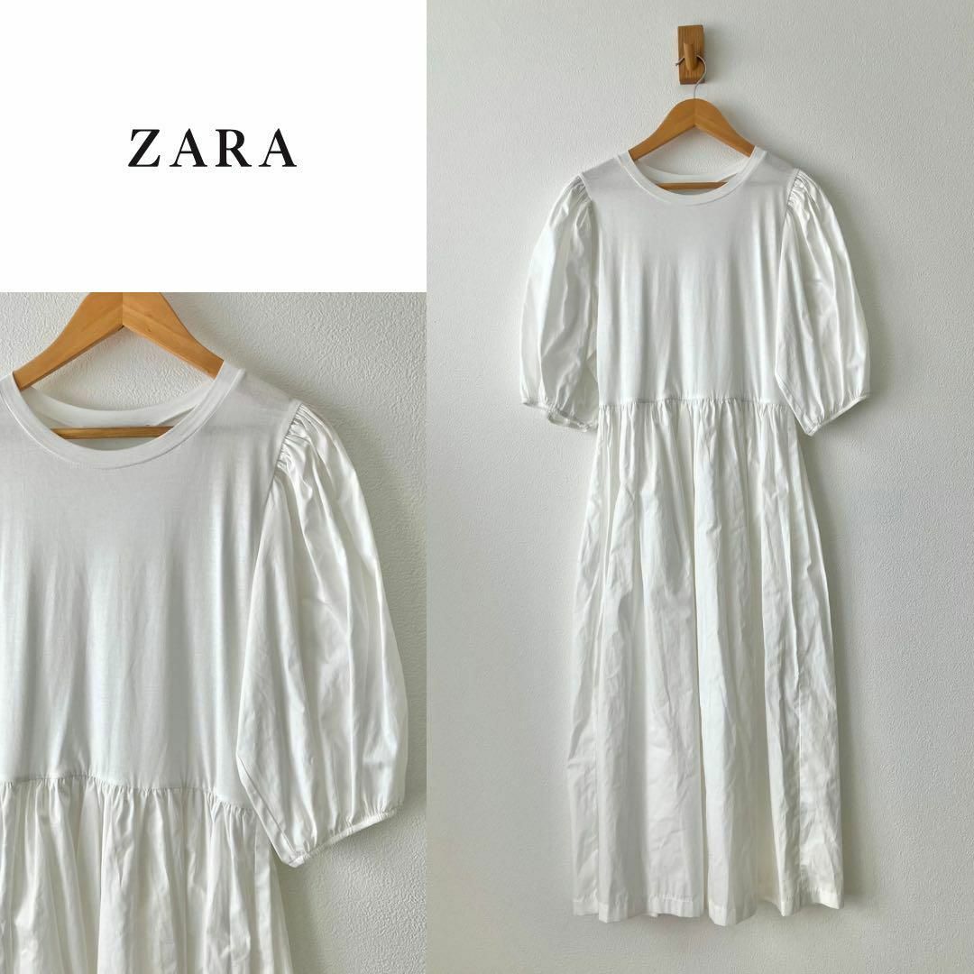 ZARA(ザラ)のZARAザラ 白パフスリーブワンピース ドッキング ボリュームスリーブ レディースのワンピース(ひざ丈ワンピース)の商品写真