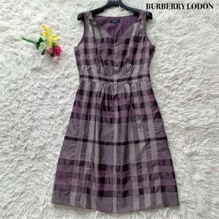 バーバリー(BURBERRY)の【美品】バーバリーロンドン 膝丈 ワンピース チェック シルク混 パープル M(ひざ丈ワンピース)