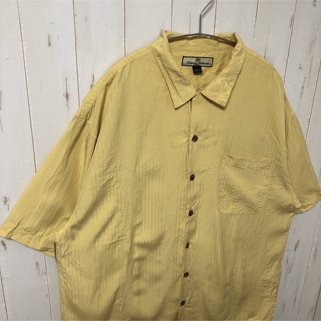 トミーバハマ シルクシャツ 半袖 刺繍 ヤシの木 黄色 アロハ XLサイズ 古着 メンズのトップス(シャツ)の商品写真