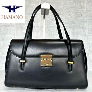 ハマノヒカクコウゲイ(濱野皮革工藝/HAMANO)のHAMANO 濱野皮革工藝 カーフレザー ブラック ゴールドロゴ金具ハンドバッグ(ハンドバッグ)