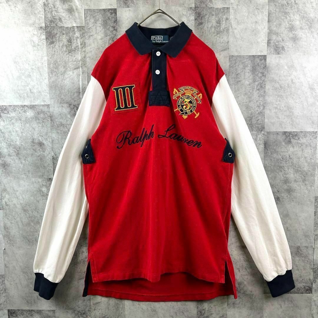 POLO RALPH LAUREN(ポロラルフローレン)の希少 90s ポロバイラルフローレン ラガーシャツ 刺繍ロゴ ワッペン レッドM メンズのトップス(ポロシャツ)の商品写真