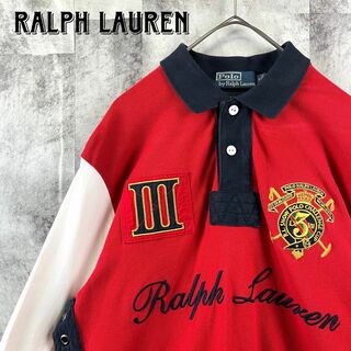 ポロラルフローレン(POLO RALPH LAUREN)の希少 90s ポロバイラルフローレン ラガーシャツ 刺繍ロゴ ワッペン レッドM(ポロシャツ)