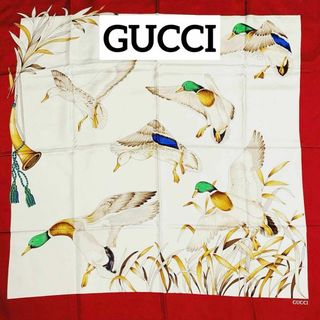 グッチ(Gucci)の★GUCCI★ スカーフ 大判 鳥 カモ ホルン シルク ダークレッド(バンダナ/スカーフ)