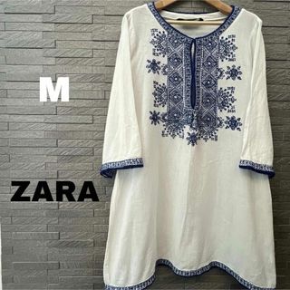 ザラ(ZARA)のザラ ZARA 楊柳刺繍 カフタンブラウス チュニック 長袖 ワンピース 白 M(ひざ丈ワンピース)