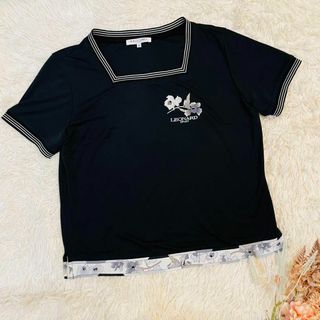 レオナール(LEONARD)の美品＊レオナール Tシャツ XL 半袖 カットソー 42 花柄 ブラック 刺繍(Tシャツ(半袖/袖なし))