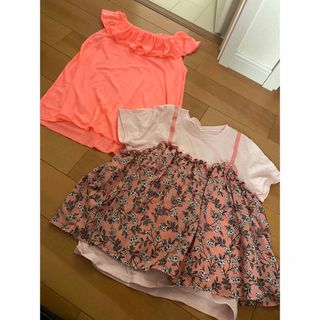 H&M - ピンク花柄キャミ重ね着風TとH&M美品ネオンピンクトップスお得２点セット140