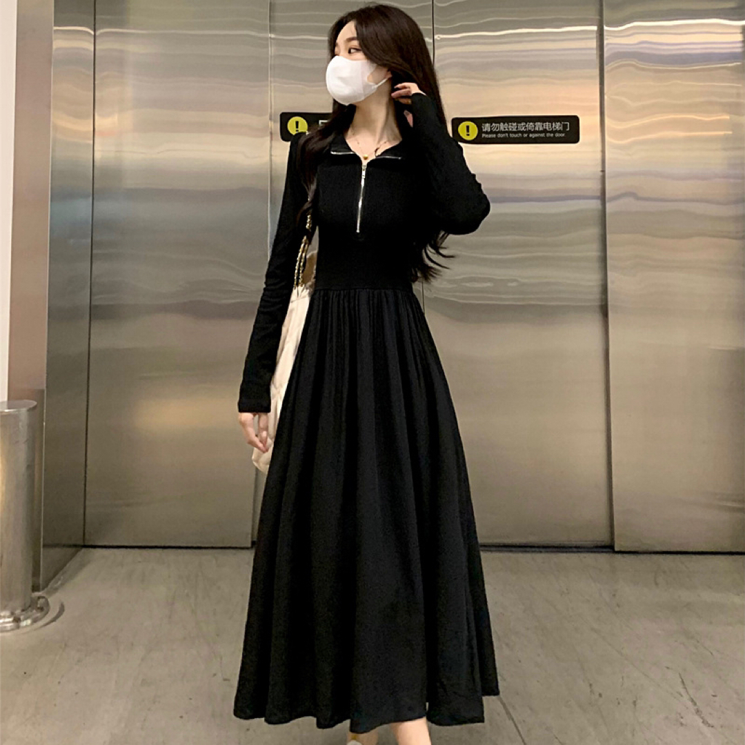 ワンピース ドレス ハーフジップ 細見え 絞りあり カジュアル ブラック　韓国 レディースのワンピース(ロングワンピース/マキシワンピース)の商品写真