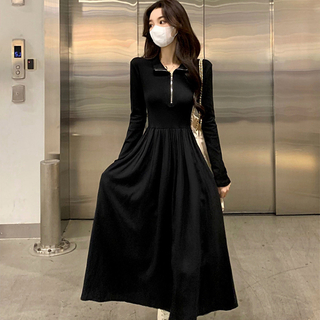 ワンピース ドレス ハーフジップ 細見え 絞りあり カジュアル ブラック　韓国(ロングワンピース/マキシワンピース)