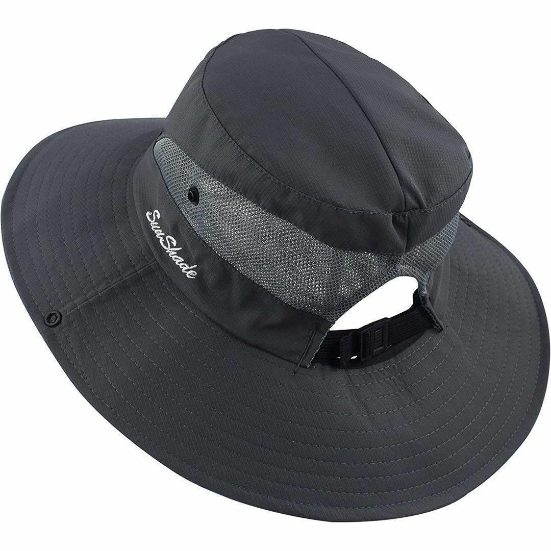 日よけ帽子 UVカット ポニーテール サファリハット つば広 折りたたみ グレー レディースの帽子(ハット)の商品写真