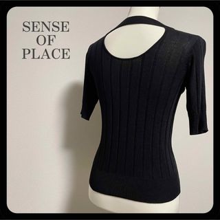 センスオブプレイスバイアーバンリサーチ(SENSE OF PLACE by URBAN RESEARCH)の【美品】センスオブプレイス バックオープン リブ サマーニット ブラック 黒(カットソー(半袖/袖なし))