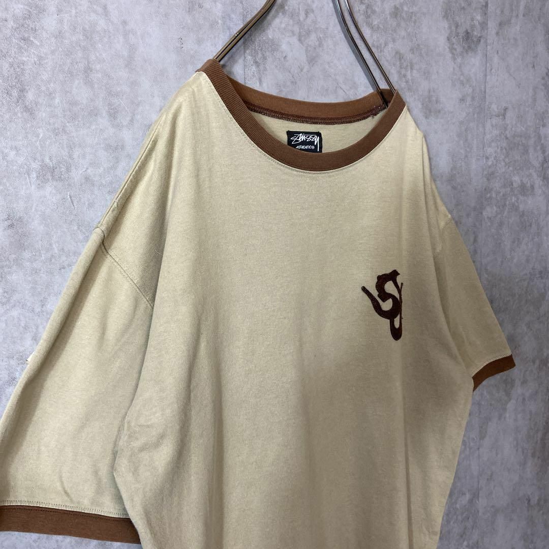 STUSSY(ステューシー)の【リンガーTシャツ】stussyワンポイントロゴ古着　ブラウンsk8 半袖M メンズのトップス(Tシャツ/カットソー(半袖/袖なし))の商品写真