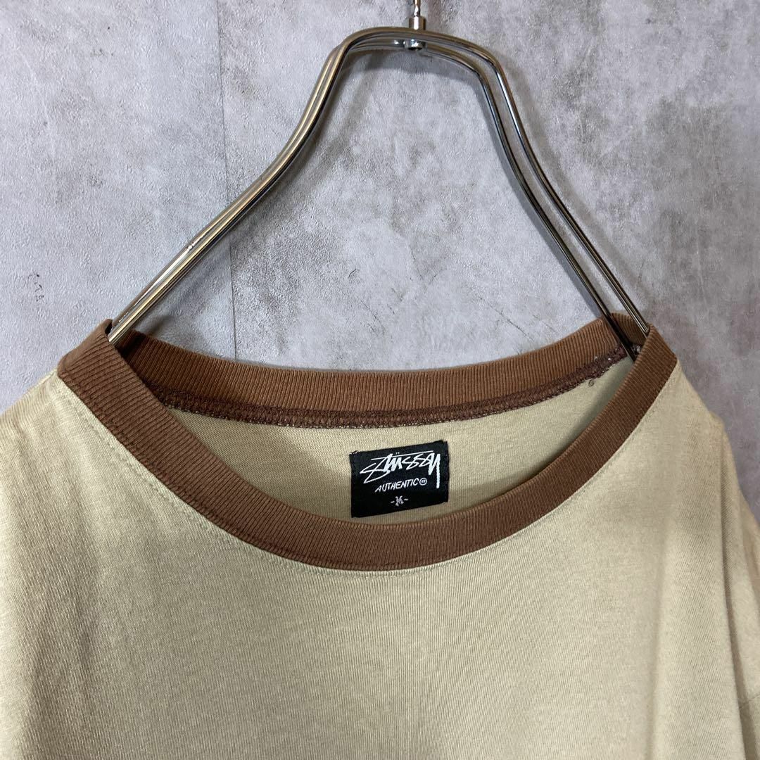 STUSSY(ステューシー)の【リンガーTシャツ】stussyワンポイントロゴ古着　ブラウンsk8 半袖M メンズのトップス(Tシャツ/カットソー(半袖/袖なし))の商品写真