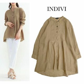 インディヴィ(INDIVI)のインディヴィ＊ウエストタックチュニックブラウス　リネン　麻　34(シャツ/ブラウス(長袖/七分))