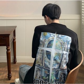 【再販】半袖　シャツ　紳士服　背中ロゴ　カジュアル　黒　ゆったり　十字架(Tシャツ/カットソー(半袖/袖なし))