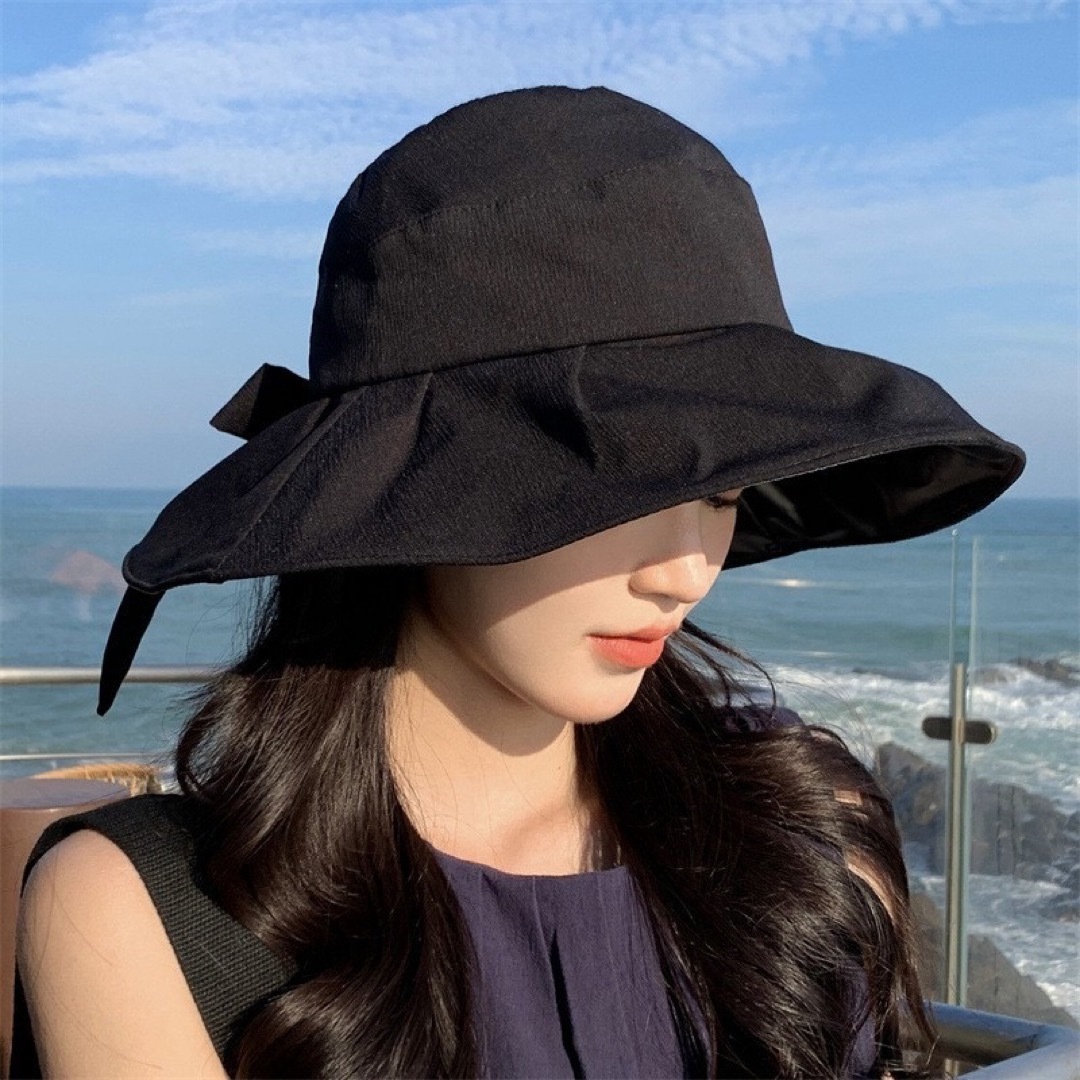 帽子　つば広　リボン付き　折りたたみ　UVカット 紫外線対策　洗える　あご紐付き レディースの帽子(ハット)の商品写真