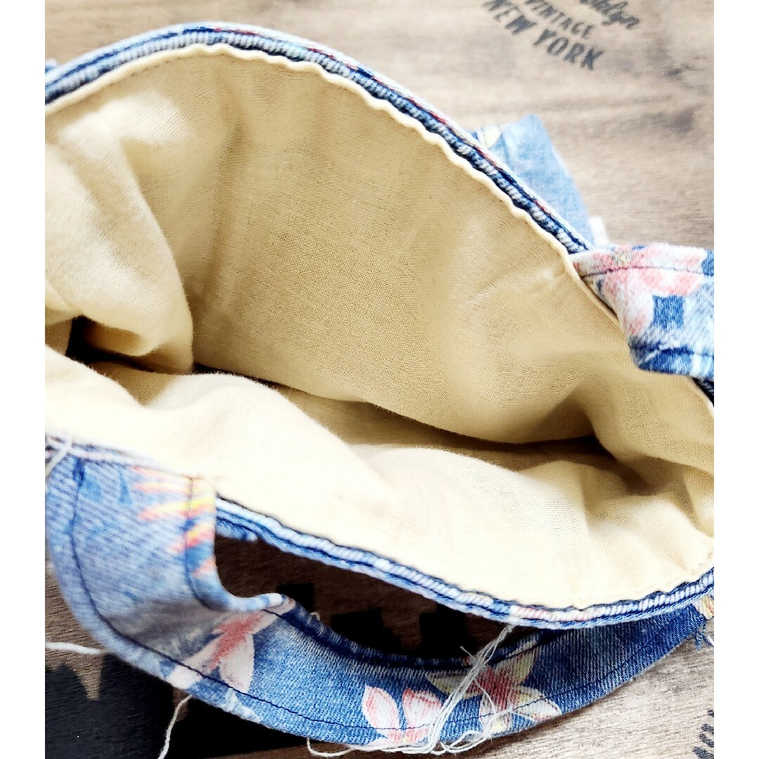 デニム リメイク ハンドメイド フラワー 花 ワンハンドル バッグ ミニバッグ ハンドメイドのファッション小物(バッグ)の商品写真