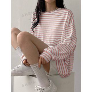 DAZY ストライプ ドロップショルダー Tシャツ ボーダー シーイン(Tシャツ(半袖/袖なし))