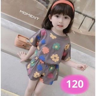 子供服 韓国子供服 上下セット グレー 花柄 セットアップ 女の子(Tシャツ/カットソー)