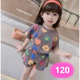 子供服 韓国子供服 上下セット グレー 花柄 セットアップ 女の子(Tシャツ/カットソー)