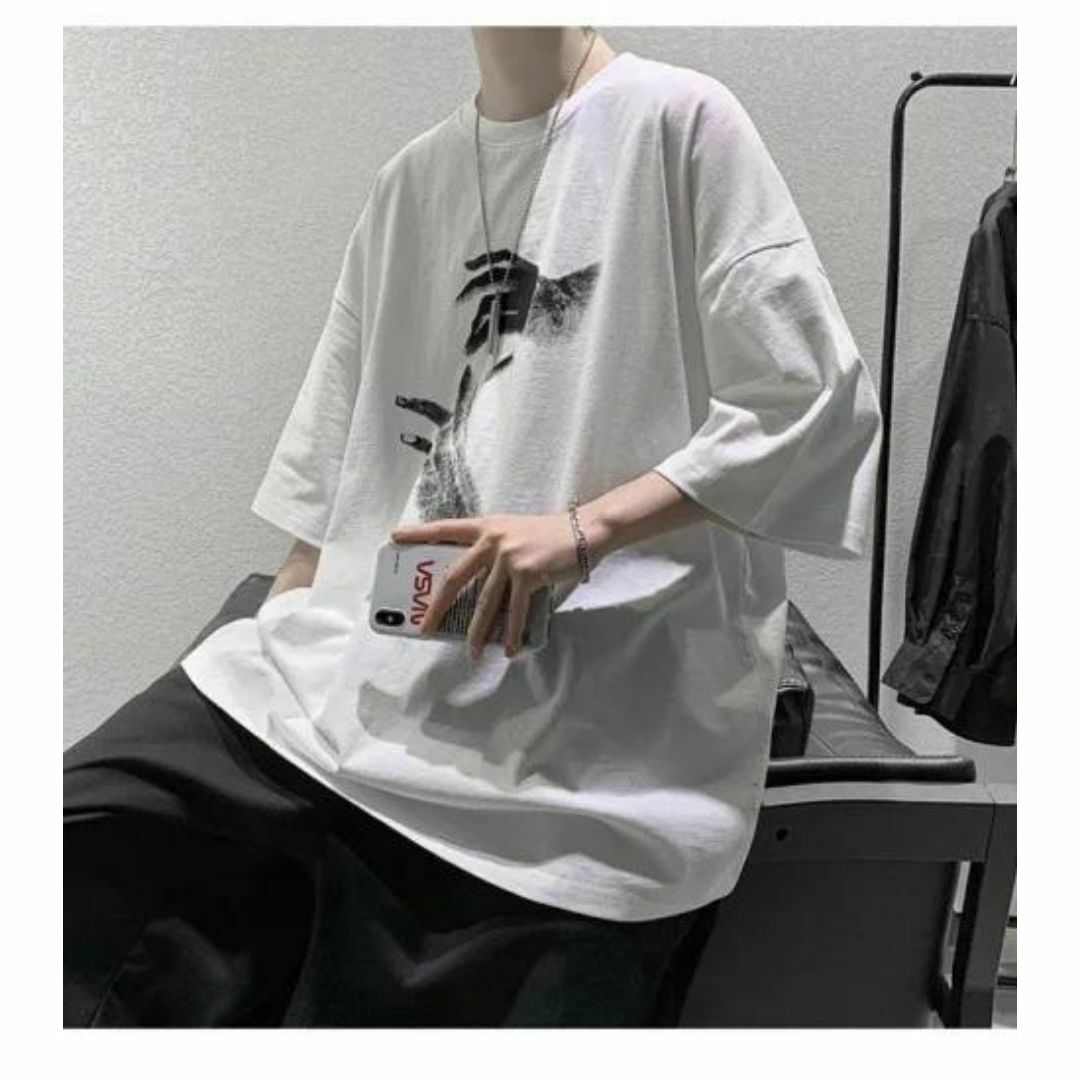 メンズ シンプル プリント 半袖 Tシャツ 韓国 ホワイト メンズのトップス(Tシャツ/カットソー(半袖/袖なし))の商品写真