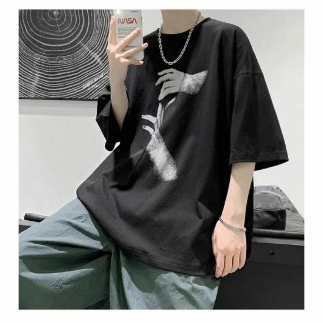 メンズ シンプル プリント 半袖 Tシャツ 韓国 ブラック メンズのトップス(Tシャツ/カットソー(半袖/袖なし))の商品写真