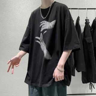 メンズ シンプル プリント 半袖 Tシャツ 韓国 ブラック(Tシャツ/カットソー(半袖/袖なし))