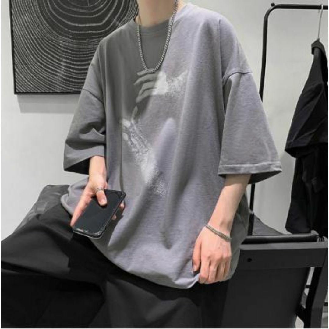 メンズ シンプル プリント 半袖 Tシャツ 韓国 グレー メンズのトップス(Tシャツ/カットソー(半袖/袖なし))の商品写真