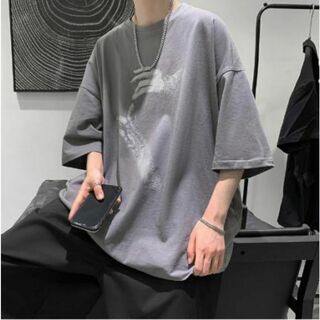 メンズ シンプル プリント 半袖 Tシャツ 韓国 グレー(Tシャツ/カットソー(半袖/袖なし))