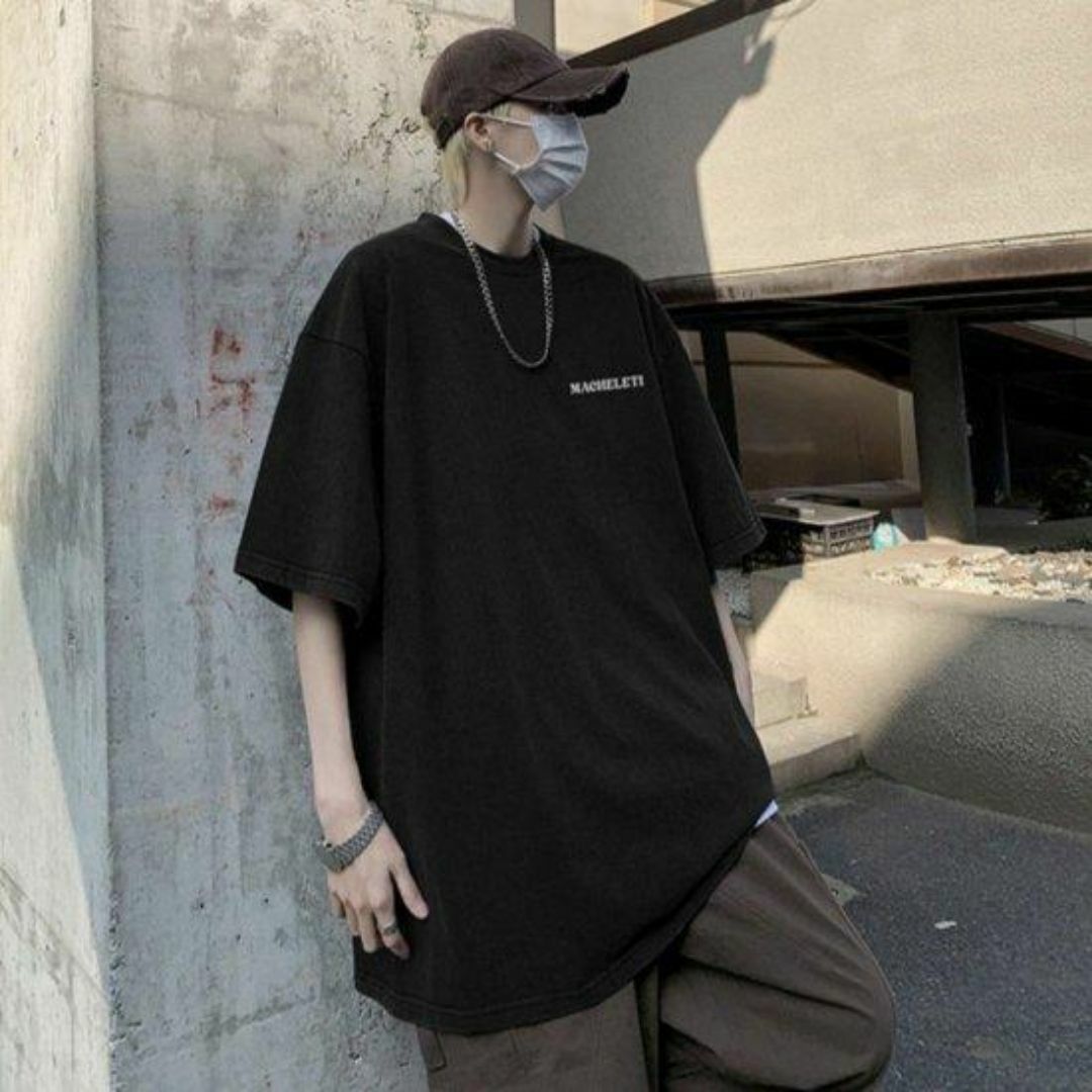 アンティーク マリア プリントバックプリント Tシャツ 韓国 メンズ ブラック メンズのトップス(Tシャツ/カットソー(半袖/袖なし))の商品写真